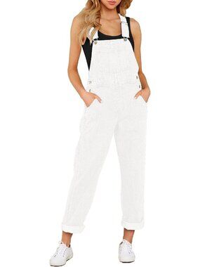 Women's Brilliant White Loose Fit Jean Denim Bib Jumpsuit Stretch Overall Pants